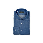 Men's dark blue wash denim sport shirt. Shop stylish high-quality mens denim shirts by Ike Behar.