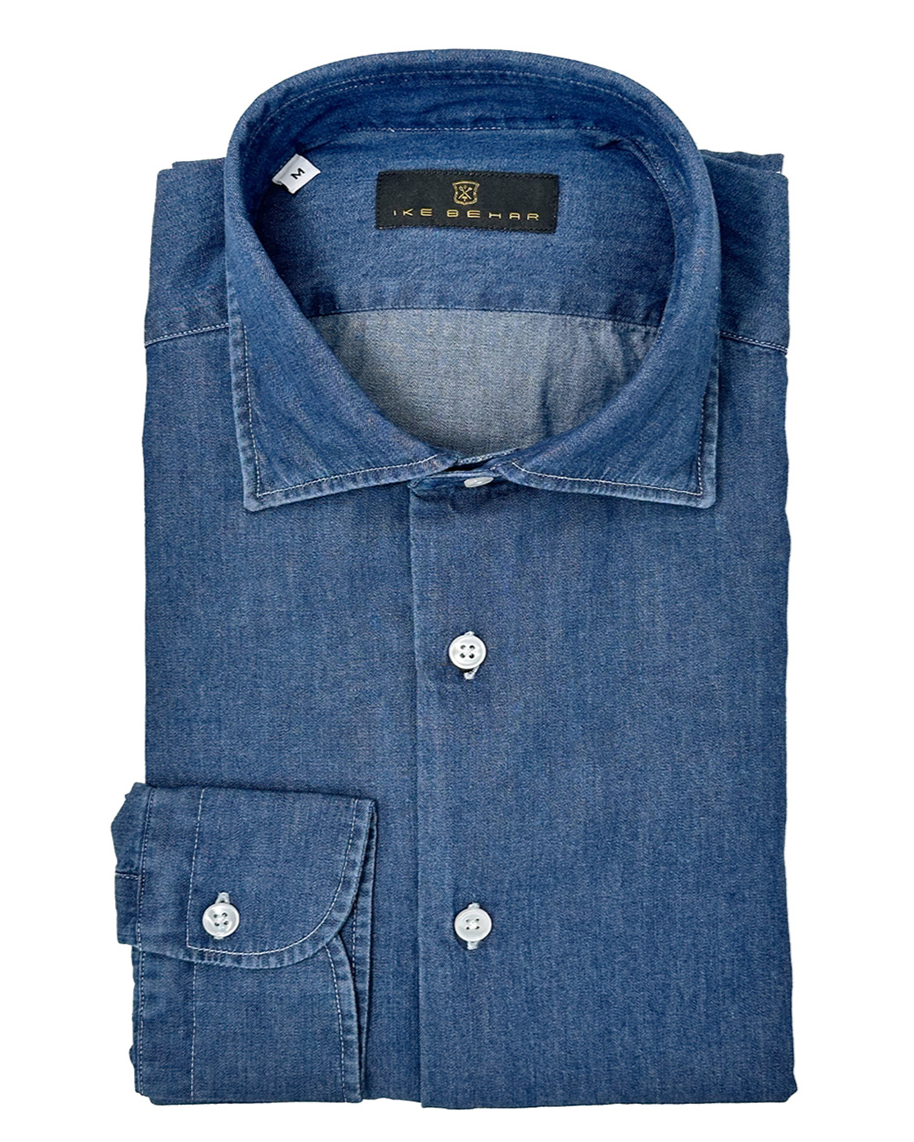 Men's dark blue wash denim sport shirt. Shop stylish high-quality mens denim shirts by Ike Behar.