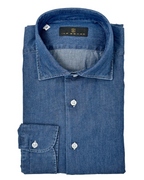 Men's dark blue wash denim sport shirt. Shop stylish high-quality mens denim shirts by Ike Behar.