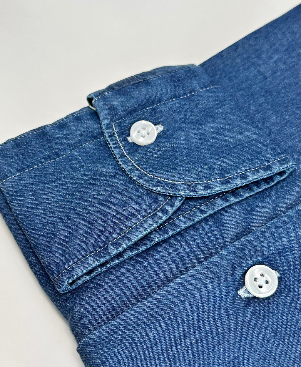 Men's dark blue wash denim shirt. Shop stylish high-quality mens denim shirts by Ike Behar.