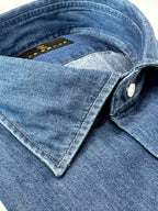 Men's dark blue wash denim shirt. Shop stylish high-quality mens denim shirts by Ike Behar.