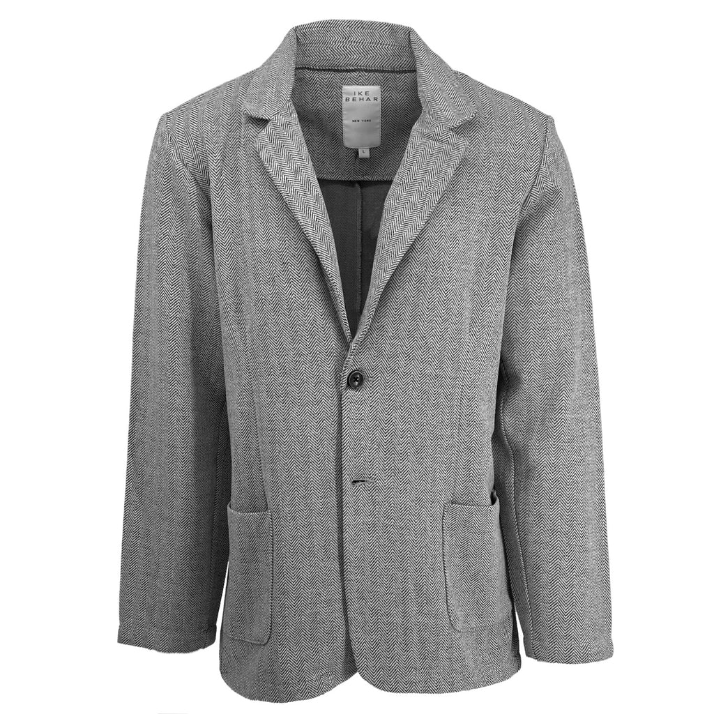 Gray chevron unlined blazer with two buttons on a white background