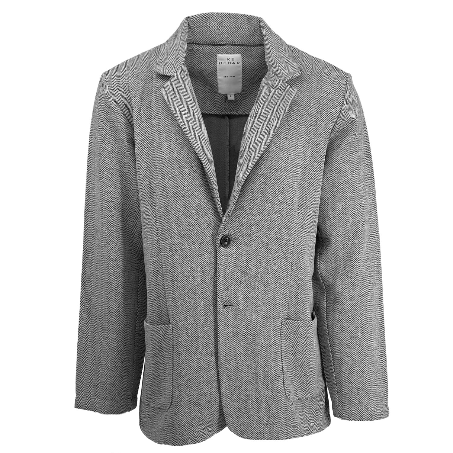 Gray chevron unlined blazer with two buttons on a white background