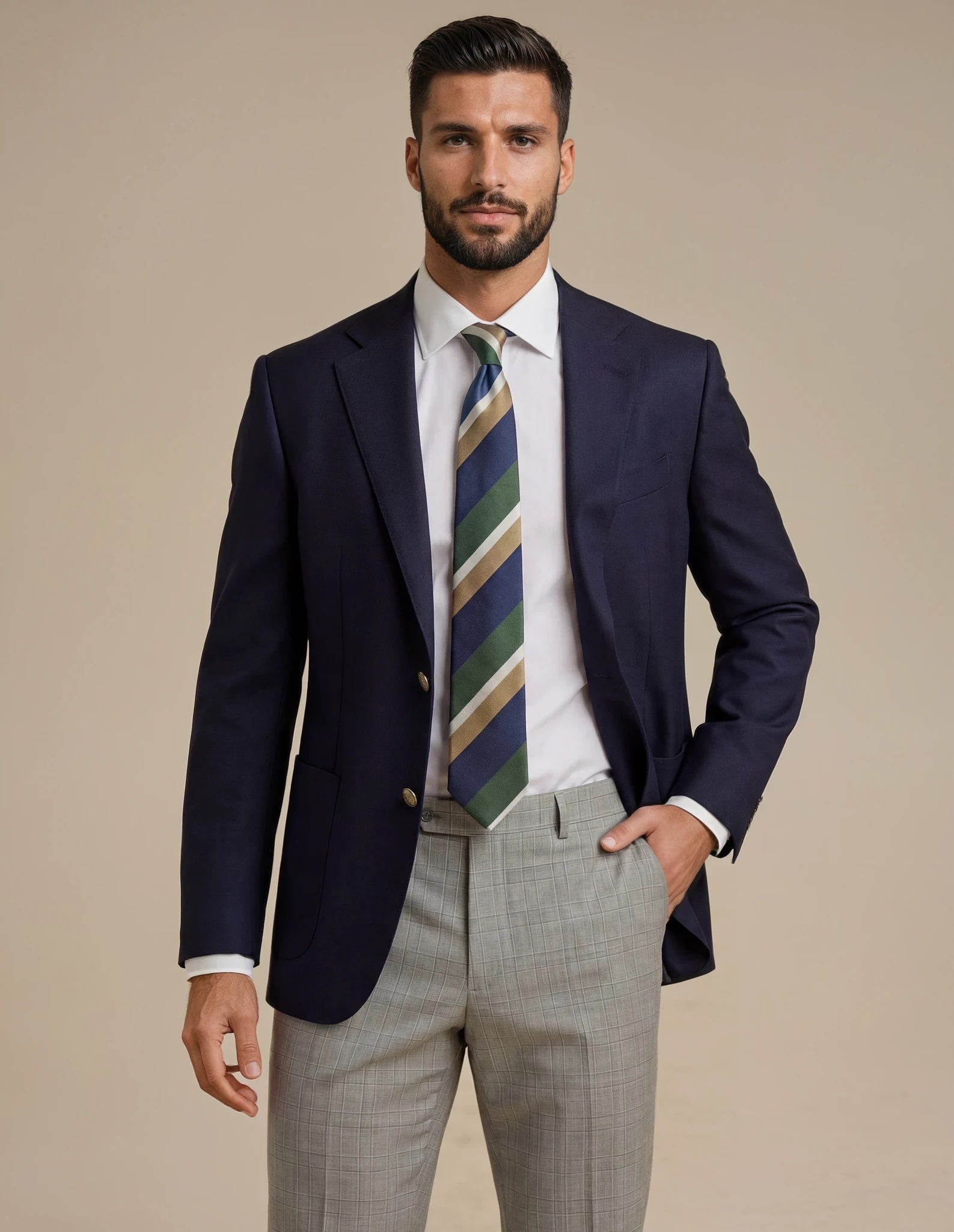 Man wearing a navy blazer, white shirt, and striped tie with gray pants on a beige background