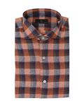 Men's Large Orange & Brown With Navy Check Sport Shirt. Shop stylish high-quality mens sport shirts by Ike Behar.