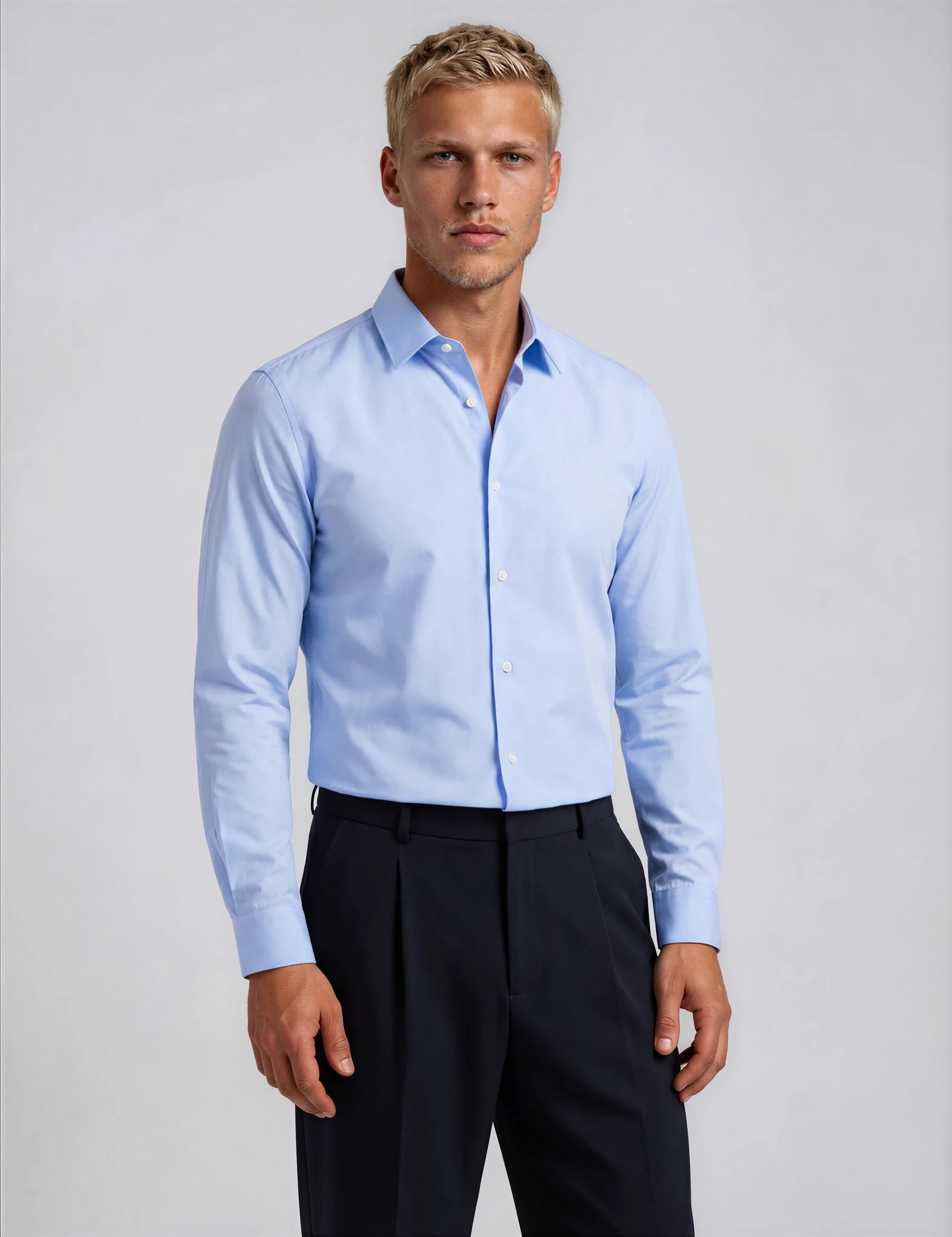 Light Blue Twill Natural Stretch Cotton Dress Shirt