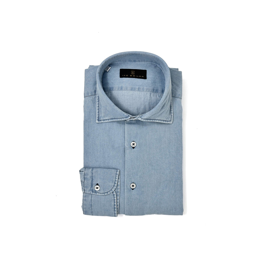 Men's Light Wash Blue Denim Shirt. Shop stylish high-quality mens denim shirts by Ike Behar.