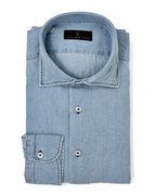 Men's Light Wash Blue Denim Shirt. Shop stylish high-quality mens denim shirts by Ike Behar.