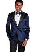 Men's navy blue velvet tuxedo jacket made of satin lapel, laydown velvet finish. Shop stylish high-quality mens tuxedo jackets by Ike Behar.