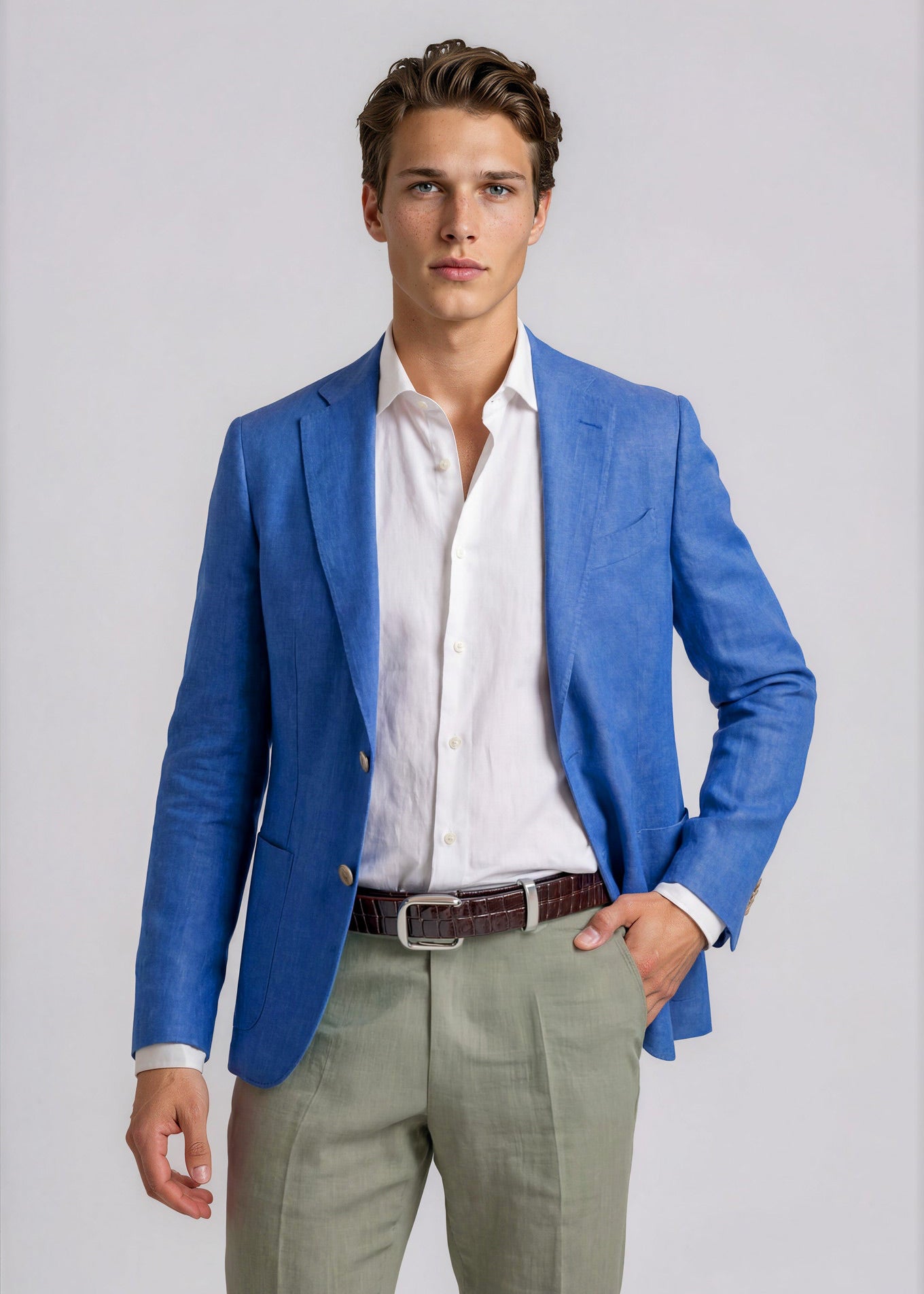 Man wearing a blue blazer, white shirt, and green pants on a light gray background