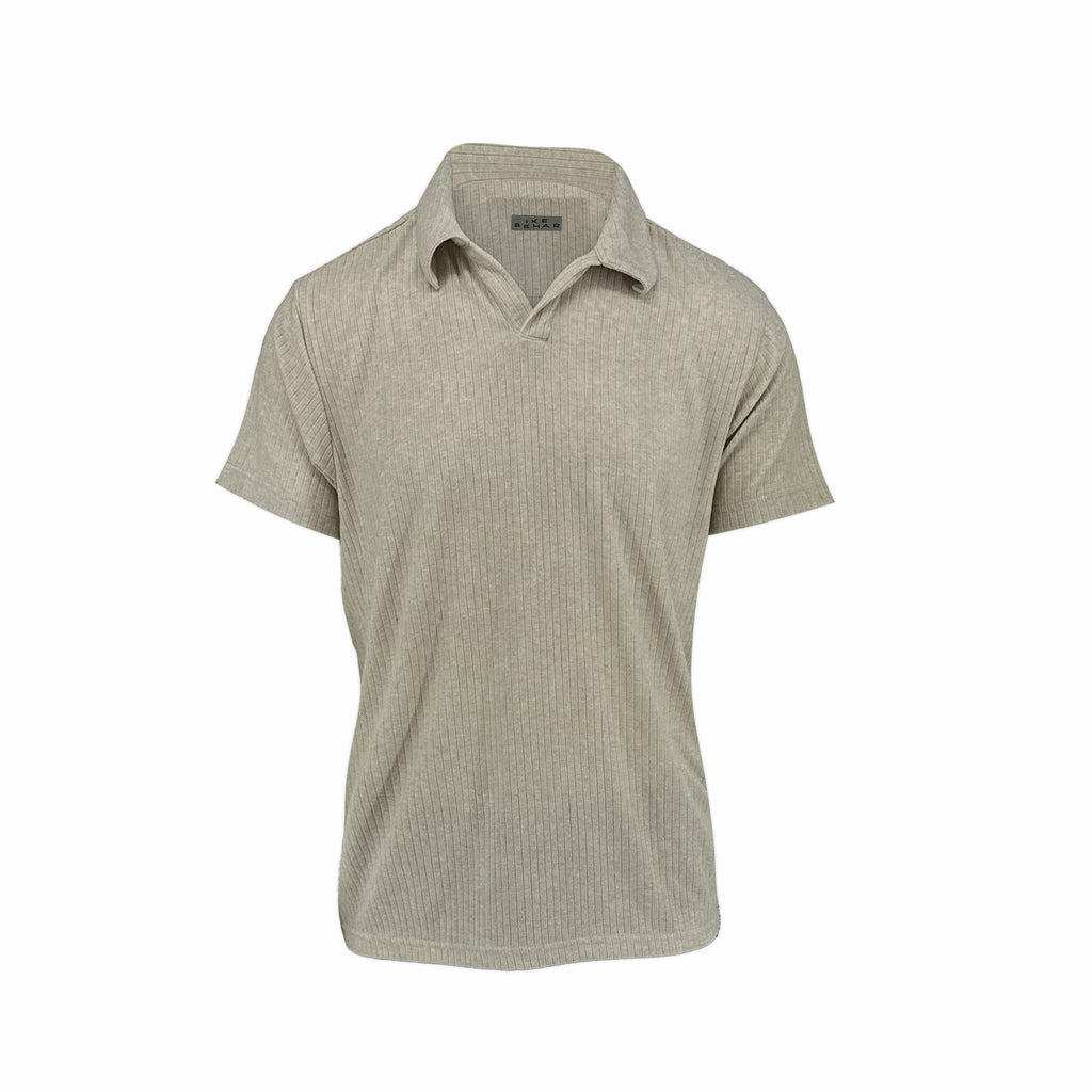 Men's oatmeal ribbed sweater knit polo tee. Shop stylish high-quality mens T-shirts by Ike Behar.