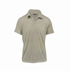 Men's oatmeal ribbed sweater knit polo tee. Shop stylish high-quality mens T-shirts by Ike Behar.