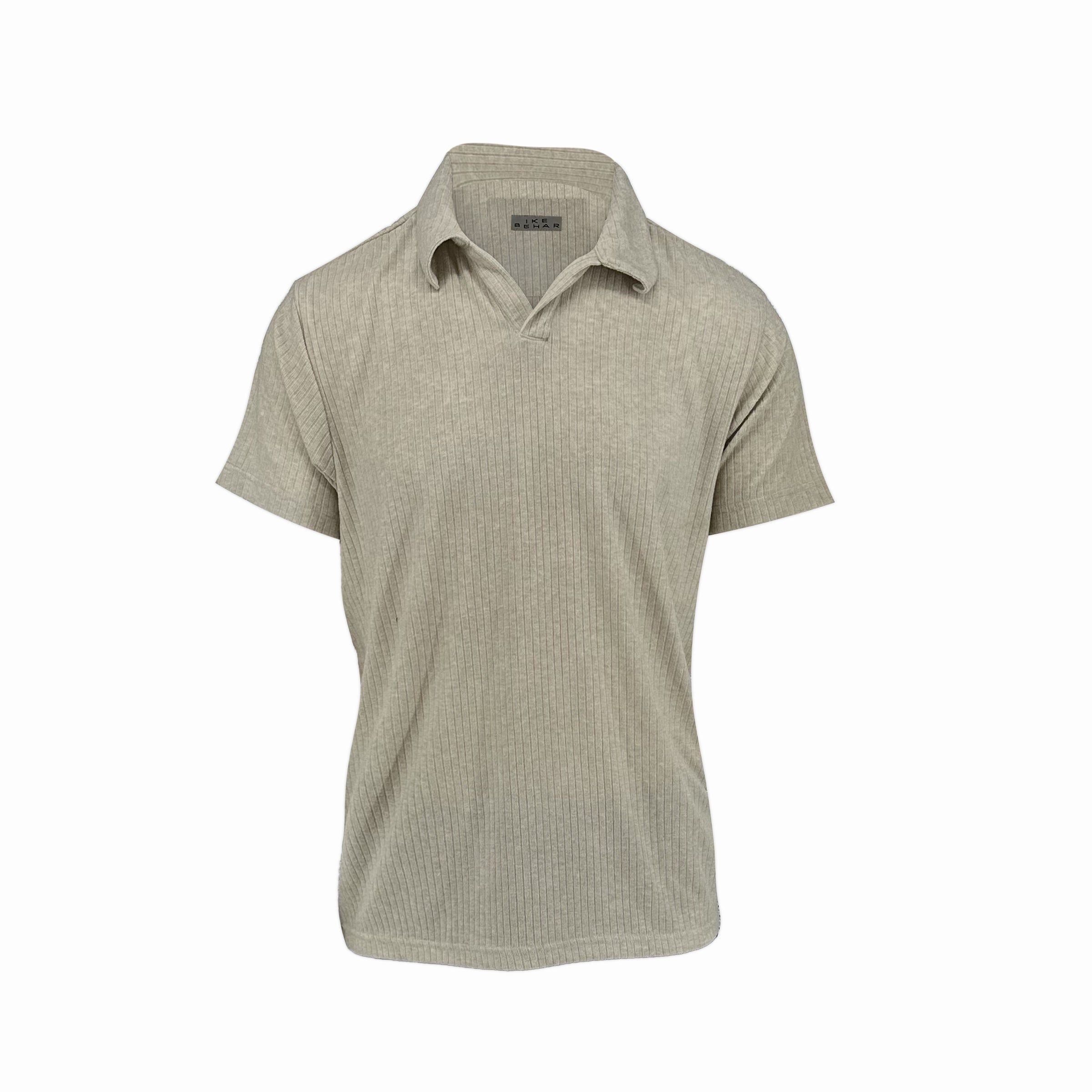 Men's oatmeal ribbed sweater knit polo tee. Shop stylish high-quality mens T-shirts by Ike Behar.