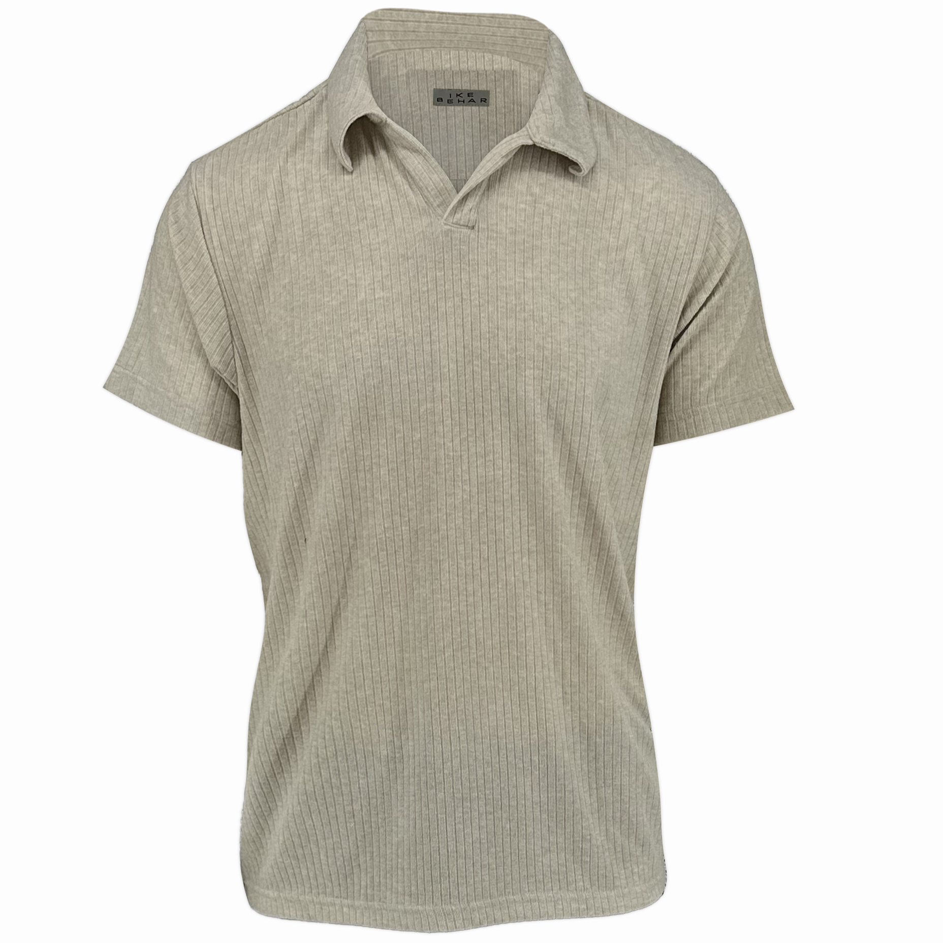 Men's oatmeal ribbed sweater knit polo tee. Shop stylish high-quality mens T-shirts by Ike Behar.