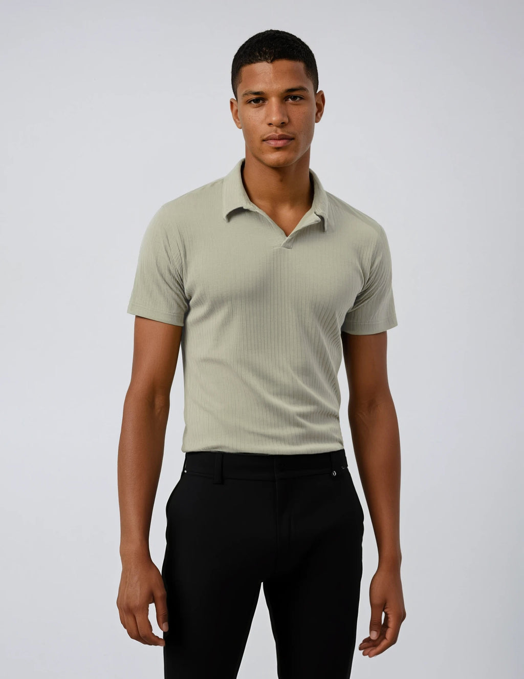 Men's oatmeal ribbed sweater knit polo tee. Shop stylish high-quality mens T-shirts by Ike Behar.