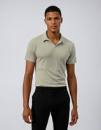 Men's oatmeal ribbed sweater knit polo tee. Shop stylish high-quality mens T-shirts by Ike Behar.