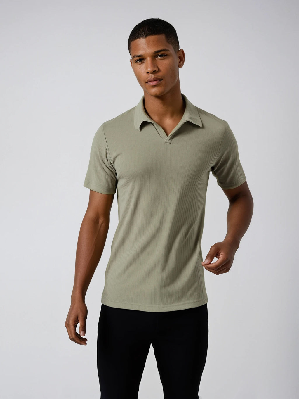 Men's oatmeal ribbed sweater knit polo tee. Shop stylish high-quality mens T-shirts by Ike Behar.