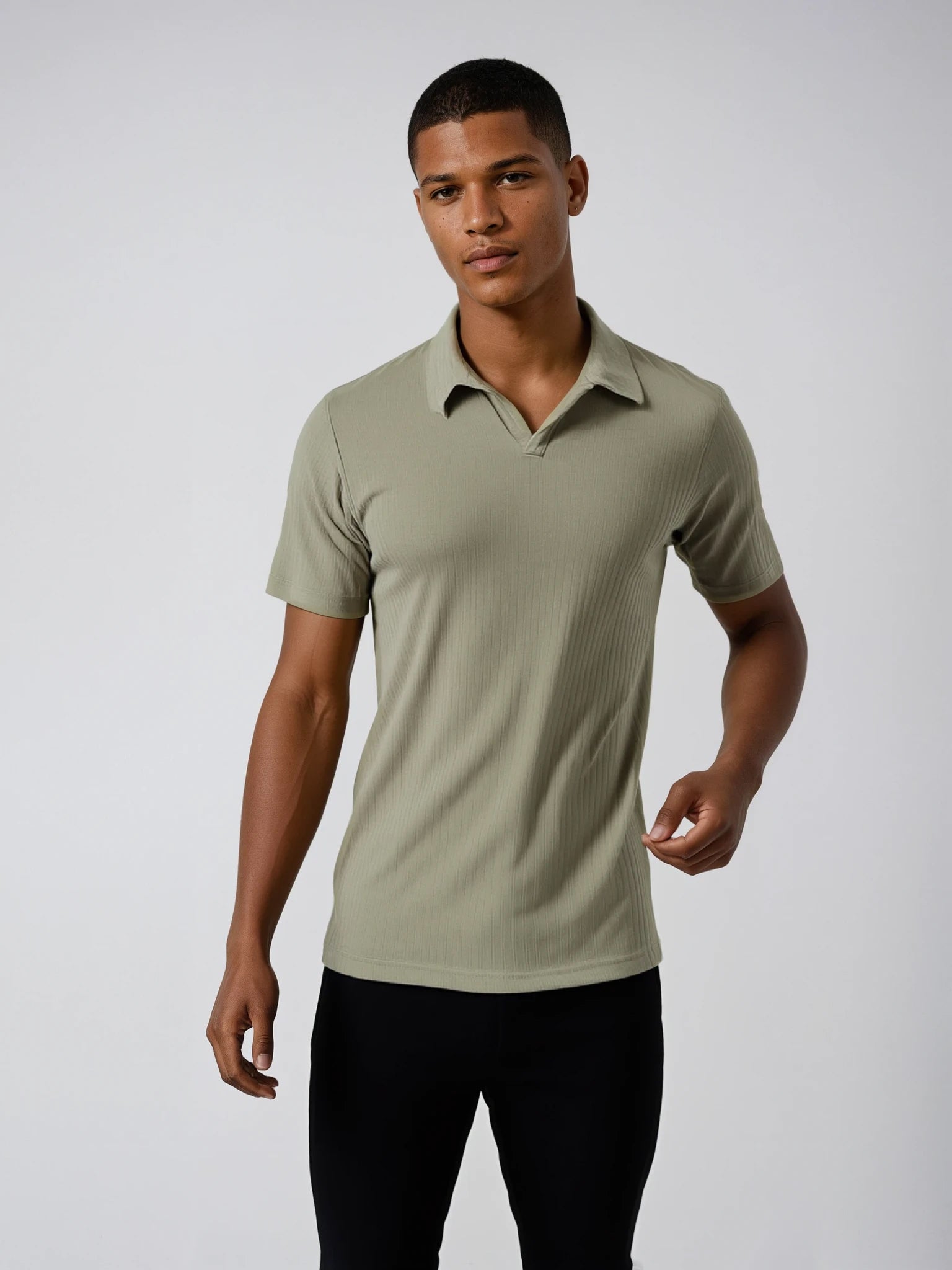 Men's oatmeal ribbed sweater knit polo tee. Shop stylish high-quality mens T-shirts by Ike Behar.