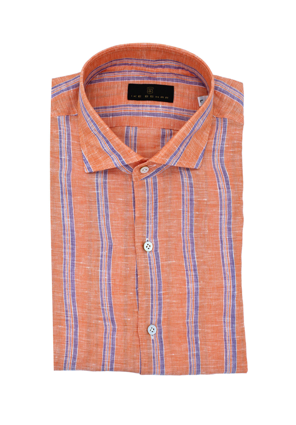 Men's Orange With Violet Striped Italian Linen Sport Shirt. Shop stylish high-quality mens sport shirts by Ike Behar.
