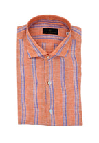 Men's Orange With Violet Striped Italian Linen Sport Shirt. Shop stylish high-quality mens sport shirts by Ike Behar.