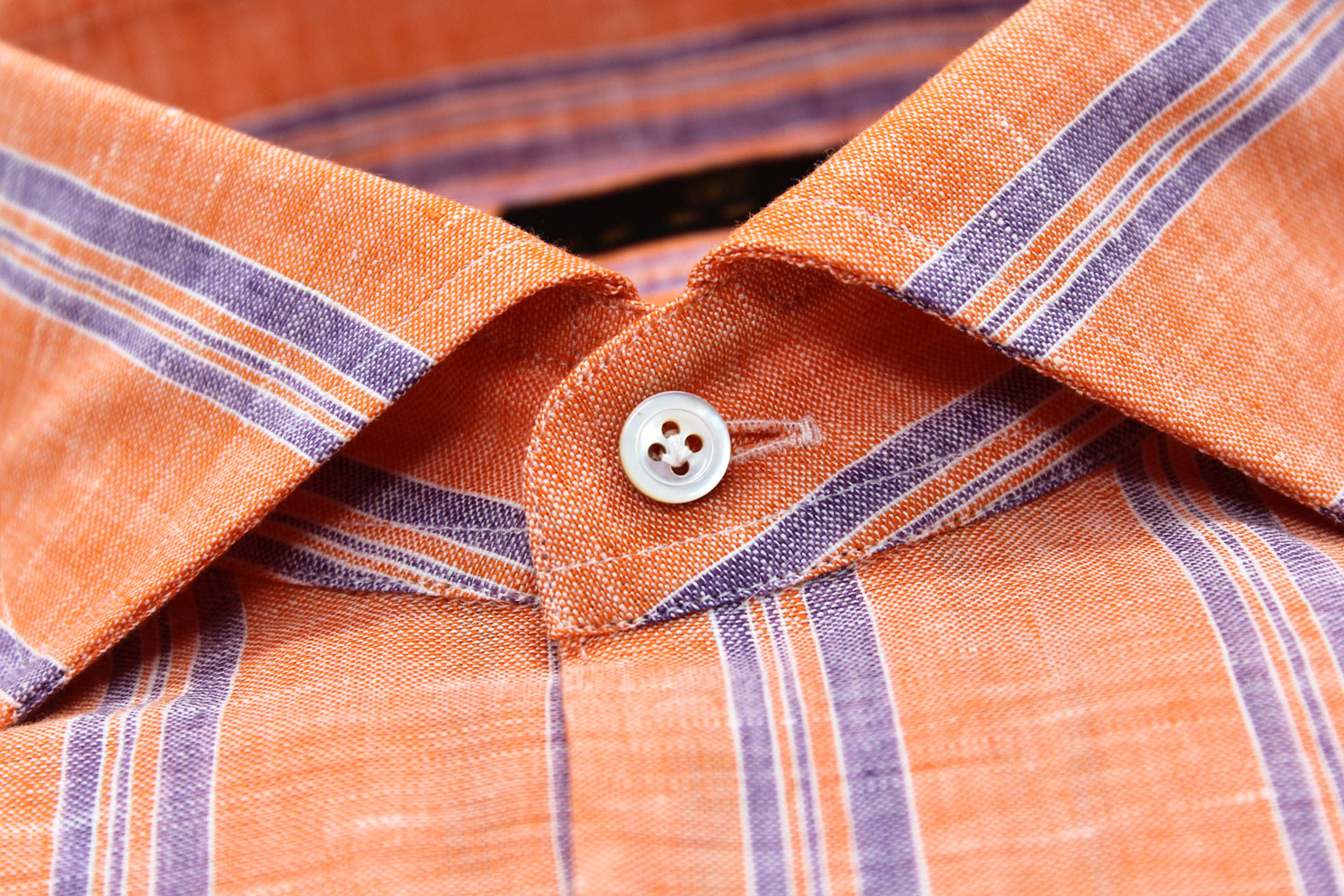 Men's Orange With Violet Striped Italian Linen Sport Shirt. Shop stylish high-quality mens sport shirts by Ike Behar.