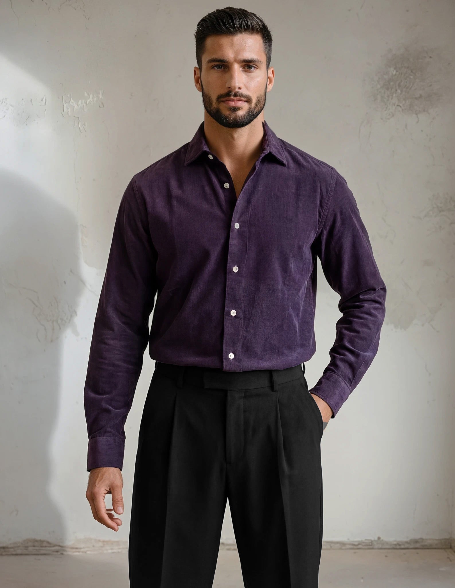 Man wearing a purple/plum shirt and black pants against a textured wall.