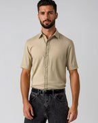 Men's safari beige pure linen short sleeve shirt. Shop stylish, high-quality mens shirts by Ike Behar