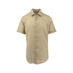 Men's safari beige pure linen short sleeve shirt. Shop stylish, high-quality mens shirts by Ike Behar