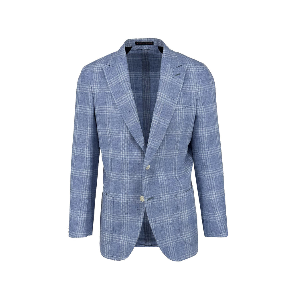 Men's sky blue and white check sport coat jacket made of linaen cashmere blend - Shop stylish, high-quality mens jackets by Ike Behar