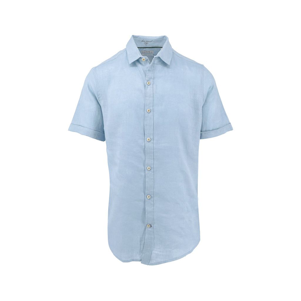 Men's sky blue pure linen short-sleeve shirt. Shop stylish, high-quality men's shirts by Ike Behar