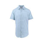 Men's sky blue pure linen short-sleeve shirt. Shop stylish, high-quality men's shirts by Ike Behar