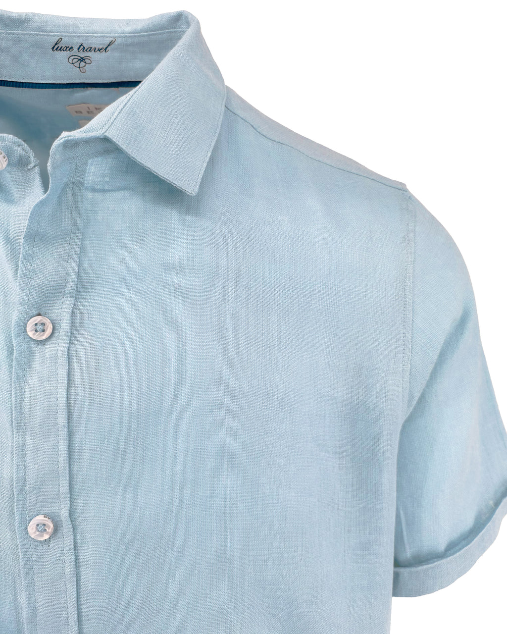 Men's sky blue pure linen short-sleeve shirt. Shop stylish, high-quality men's shirts by Ike Behar
