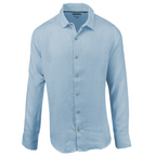 Men's sky blue pure linen long-sleeve shirt. Shop stylish, high-quality men's shirts by Ike Behar