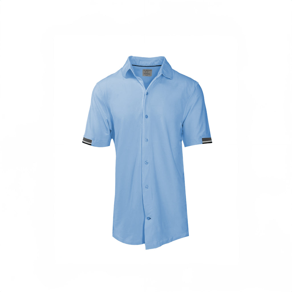 Men's Sky Blue Stretch Pique Button-Up Knit Short Sleeve Shirt. Shop stylish high-quality mens knit shirts by Ike Behar.