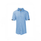 Men's Sky Blue Stretch Pique Button-Up Knit Short Sleeve Shirt. Shop stylish high-quality mens knit shirts by Ike Behar.