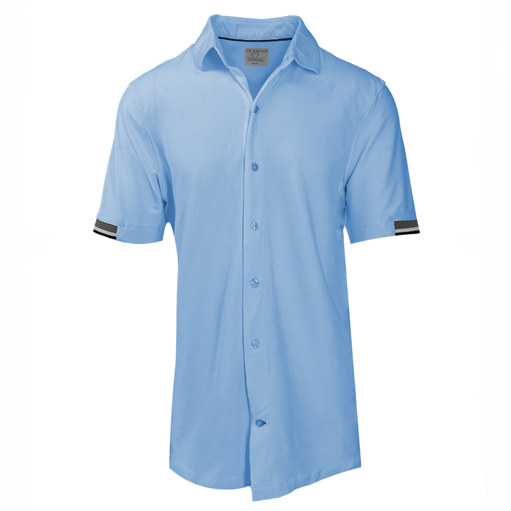 Men's Sky Blue Stretch Pique Button-Up Knit Short Sleeve Shirt. Shop stylish high-quality mens knit shirts by Ike Behar.
