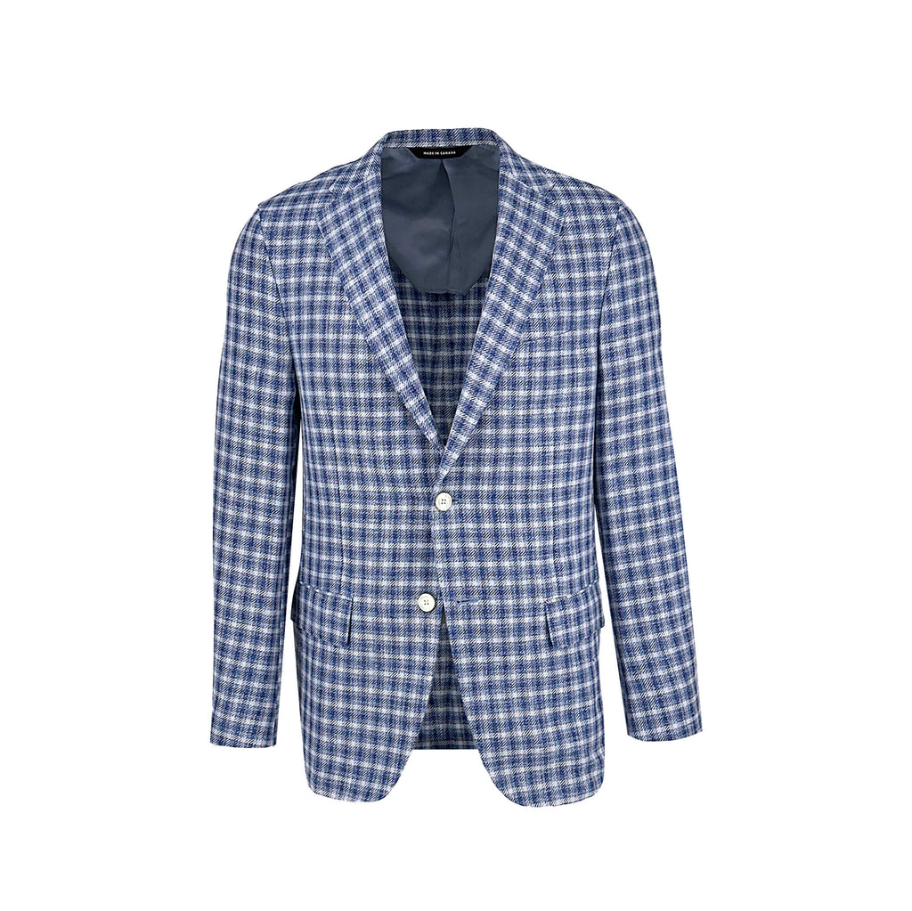 Men's sky, navy and white check sport coat jacket made of linen silk cotton blend - Shop stylish high-quality mens sport coats by Ike Behar