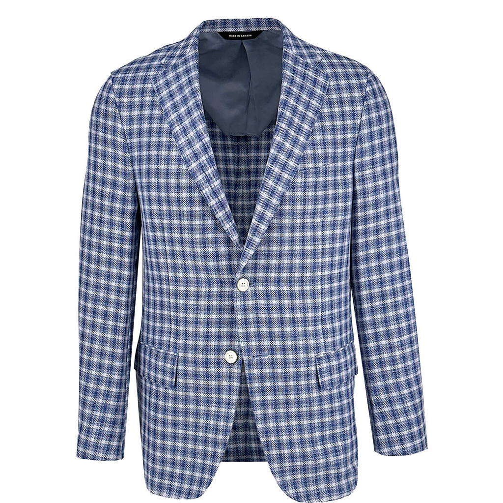 Men's sky, navy and white check sport coat jacket made of linen silk cotton blend - Shop stylish high-quality mens sport coats by Ike Behar