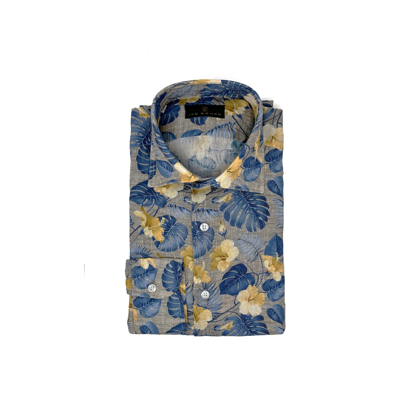 Men's Tan Linen Blue Yellow Floral Print Sport Shirt Ike Behar Men's Tan Linen Blue Yellow Floral Print Sport Shirt Ike Behar