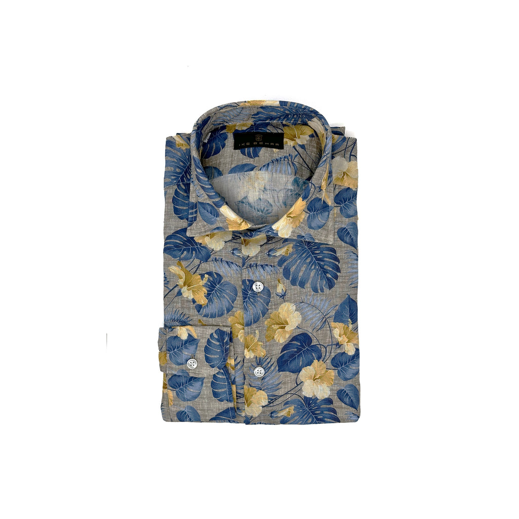 Men's tan linen blue and yellow floral print sport shirt. Shop stylish high-quality mens sport shirts by Ike Behar.