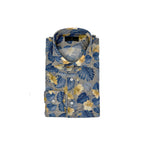 Men's tan linen blue and yellow floral print sport shirt. Shop stylish high-quality mens sport shirts by Ike Behar.