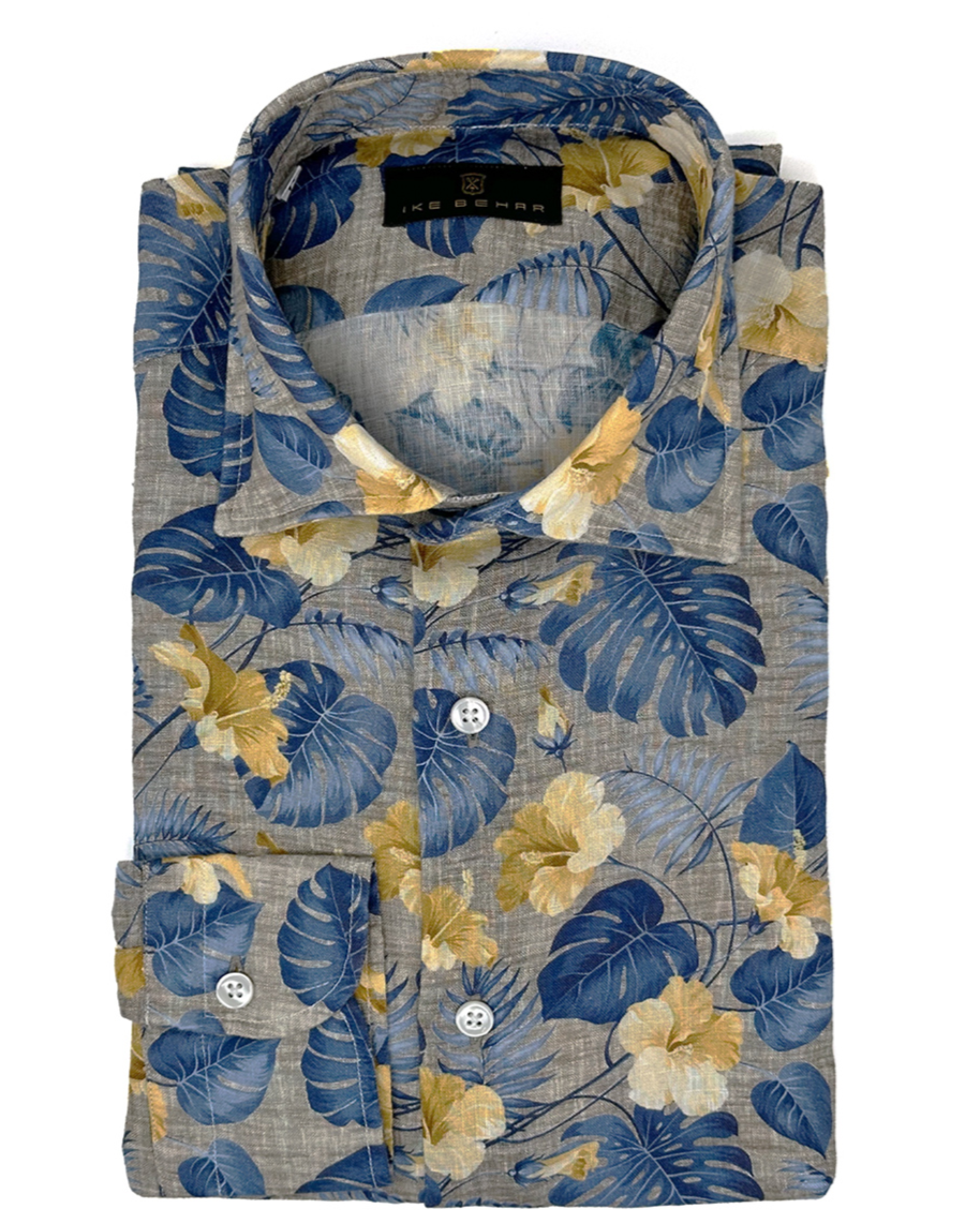 Men's tan linen blue and yellow floral print sport shirt. Shop stylish high-quality mens sport shirts by Ike Behar.