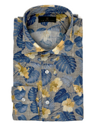 Men's tan linen blue and yellow floral print sport shirt. Shop stylish high-quality mens sport shirts by Ike Behar.