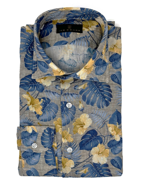 Men's Tan Linen Blue Yellow Floral Print Sport Shirt – Ike Behar
