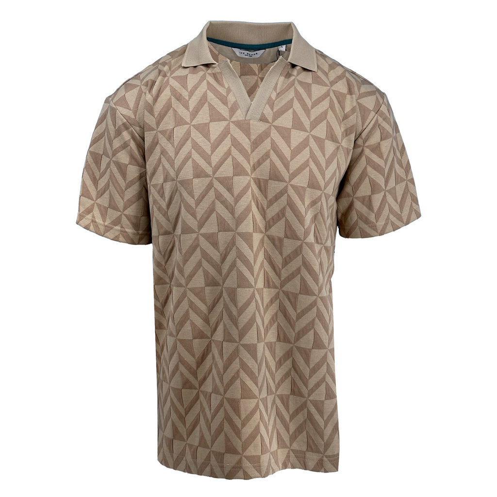 Beige geometric patterned knit polo shirt on a white background