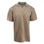 Beige geometric patterned knit polo shirt on a white background