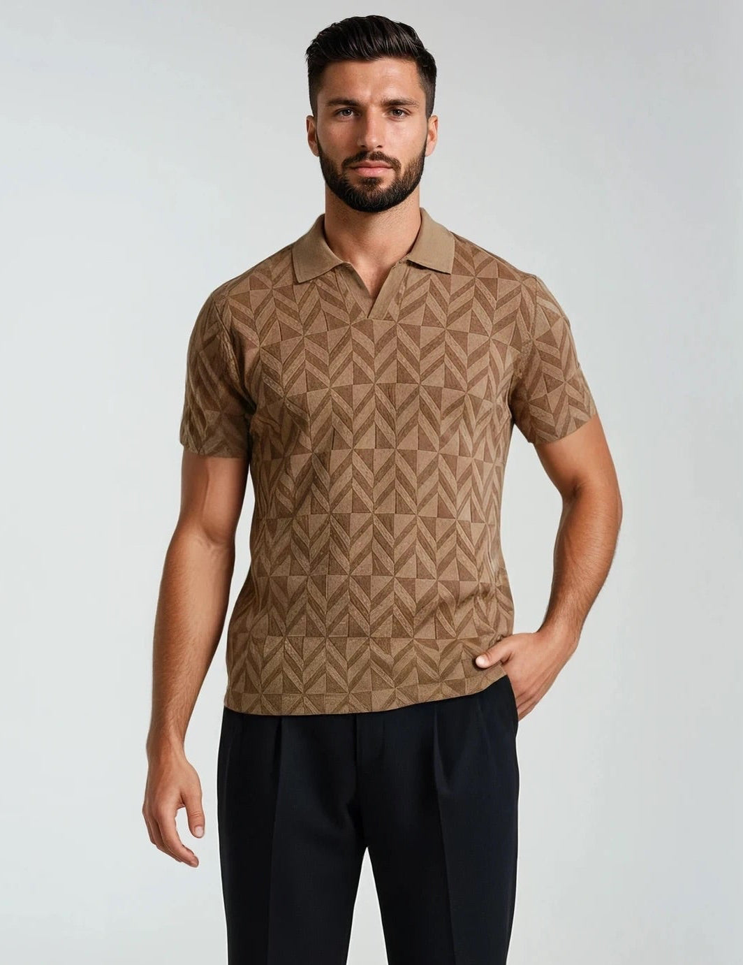 Tonal Taupe Diamond Pattern Sweater Knit Polo S Tonal Taupe Diamond Pattern Sweater Knit Polo S