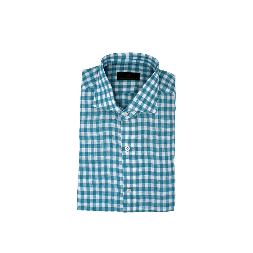 Men's Teal Linen Buffalo Check Sport Shirt. Shop stylish high-quality mens sport shirts by Ike Behar.