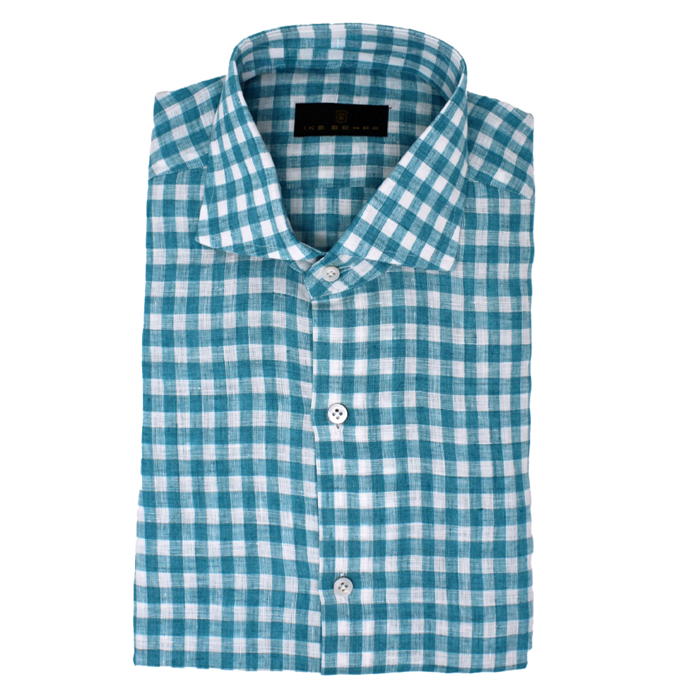 Men's Teal Linen Buffalo Check Sport Shirt. Shop stylish high-quality mens sport shirts by Ike Behar.
