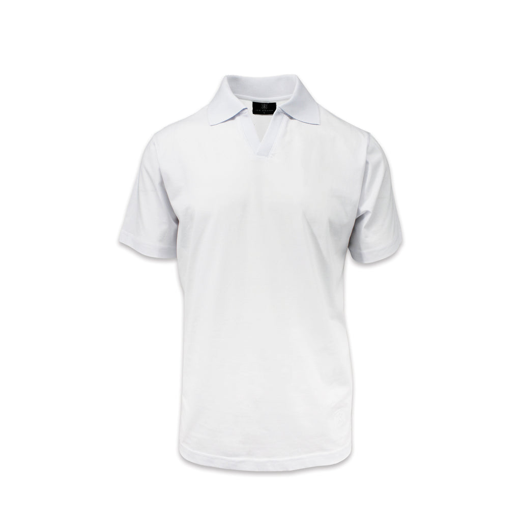 Men's white pima johnny collar polo T-shirt. Shop stylish high-quality mens polo t-shirt by Ike Behar.